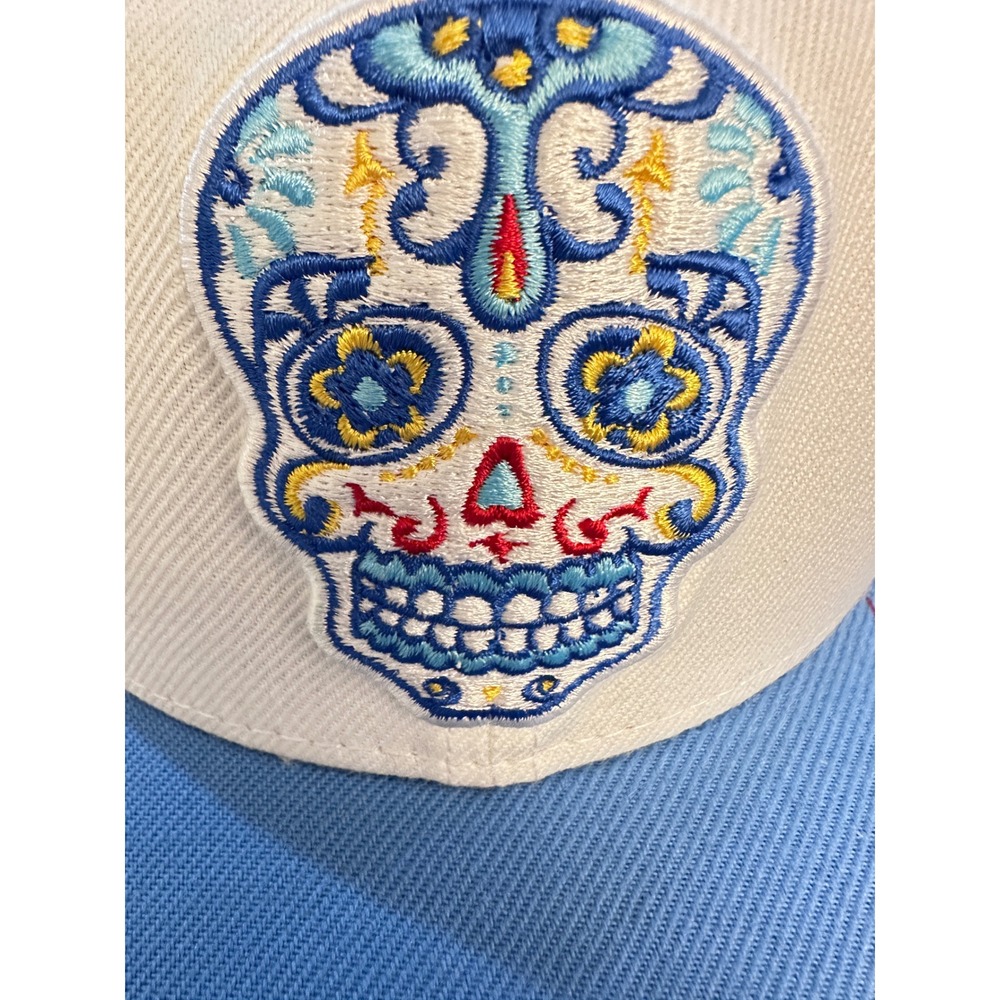 Akseis Sugar Skull Trucker‎ Hat Blue Cream Mesh Snapback Cap Day of the Dead - Picture 2 of 10